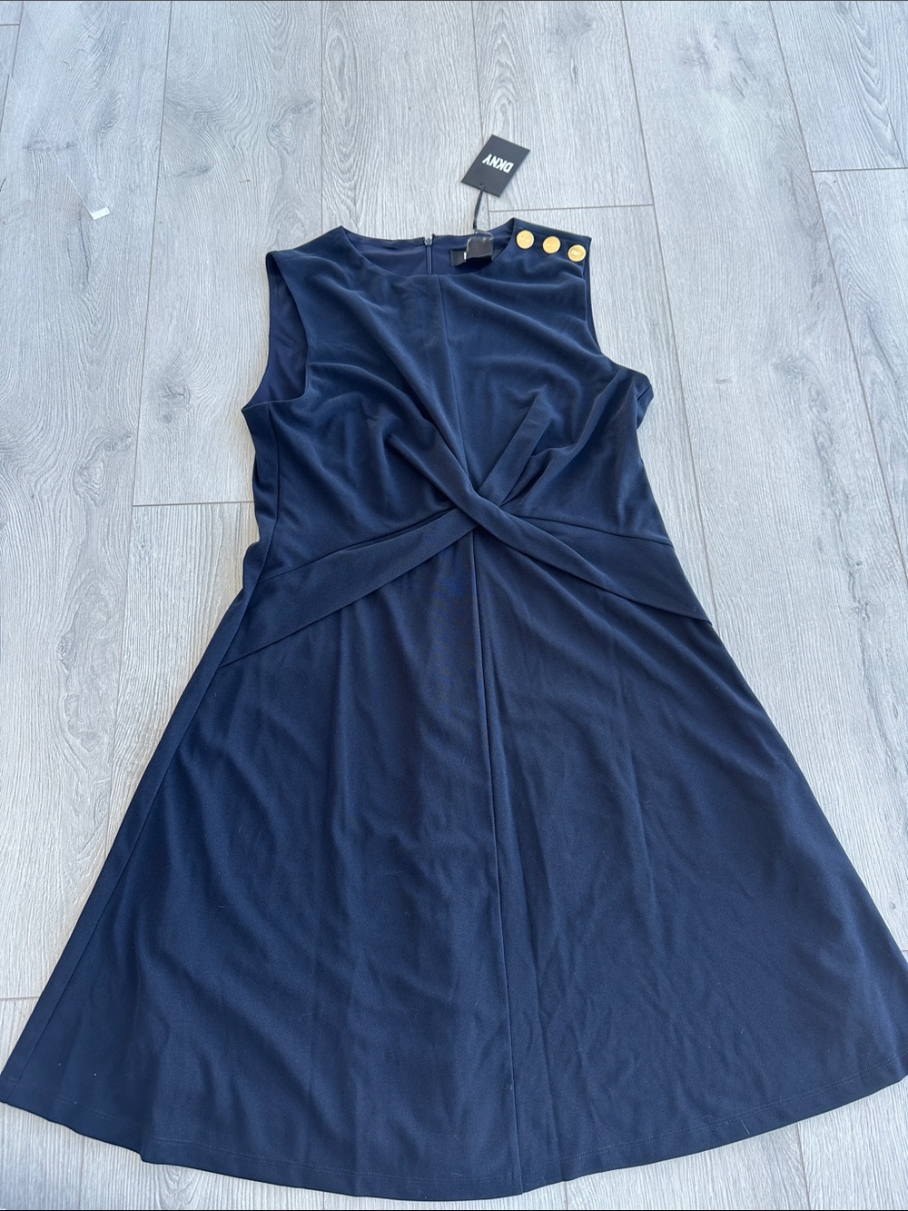 DKNY Navy Sleeveless Twist-Front Dress with Gold Button Detail